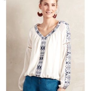 Anthropologie white blouse with blue detail